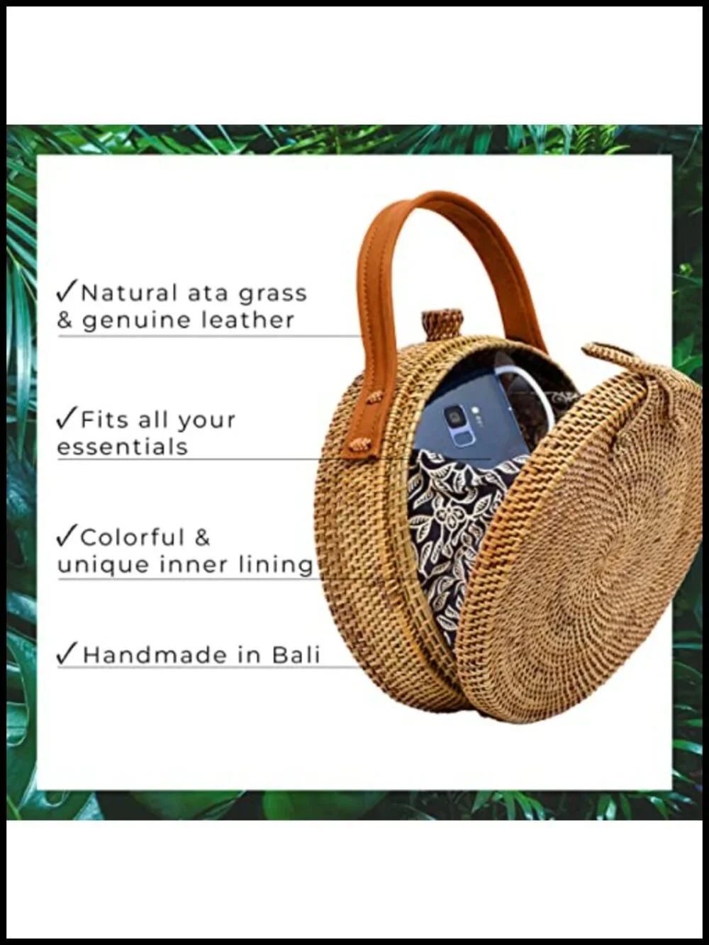 Handmade Round Rattan Bag - Woven Straw Crossbody Purse
